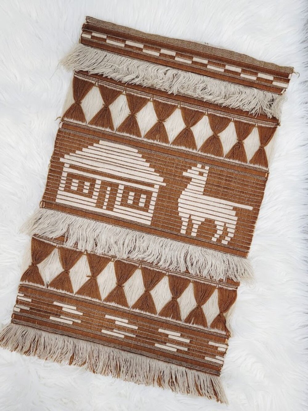 Llama Alpaca Hand Woven Brown‎ Fringe Knit Boho Artwork Tapestry Tan Wall Art